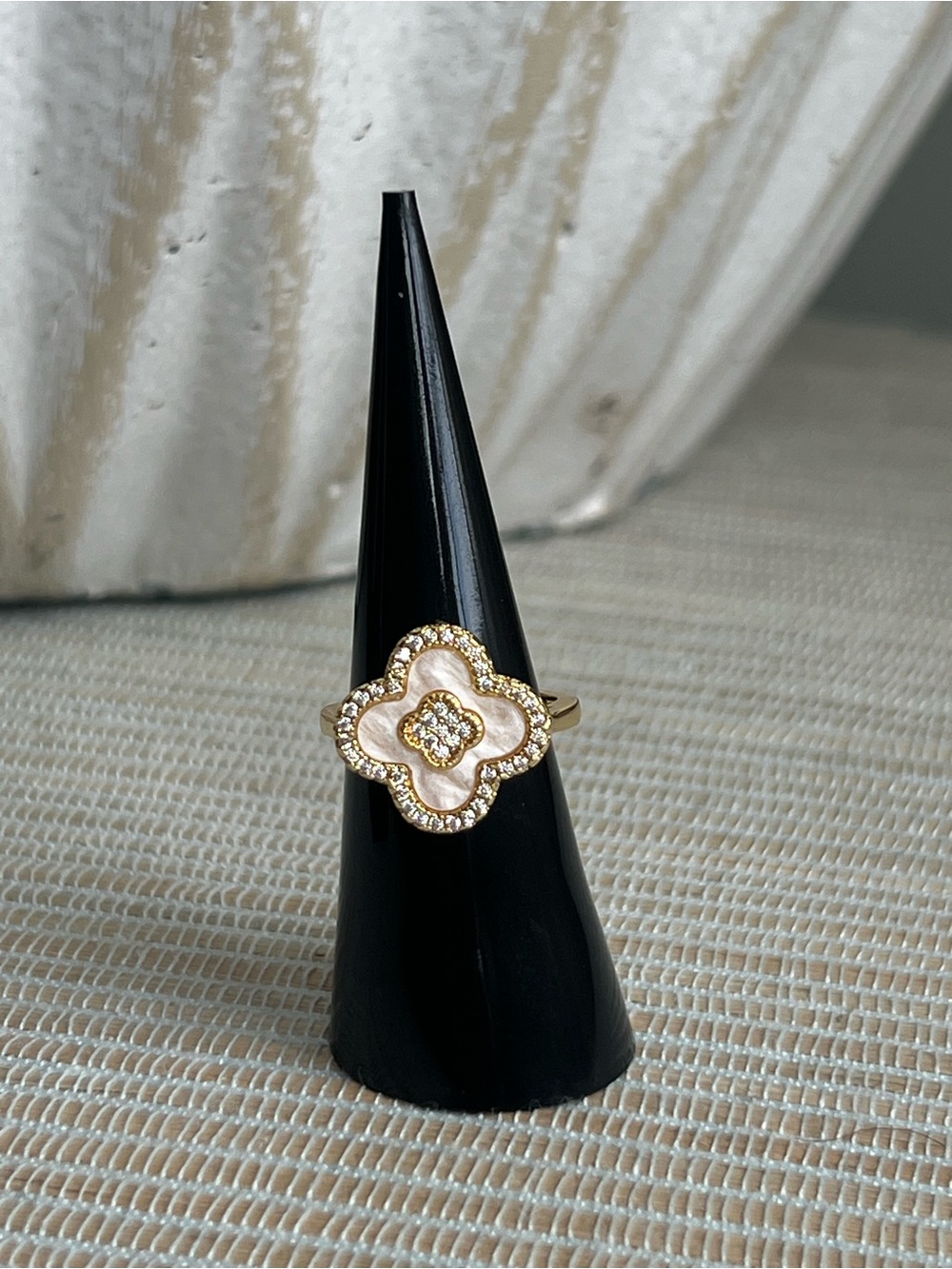 Adjustable Gold Floral Mother-of-Pearl Ring with Pavé Accents
